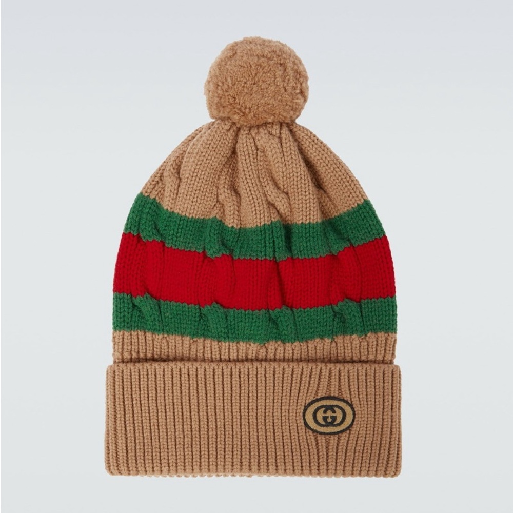 Gucci Beige Wool Knit Hat with Red and Green Bands